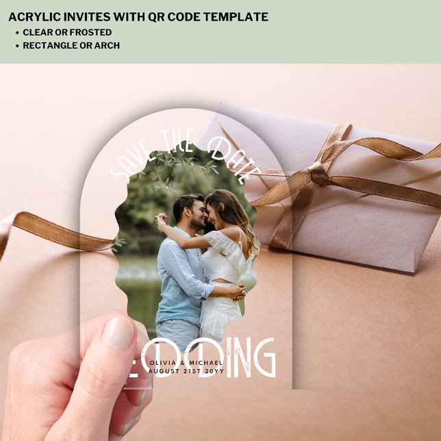 ACRYLIC Photo Save Date Modern Elegant White Text Acrylic Invitations (Creator Uploaded)