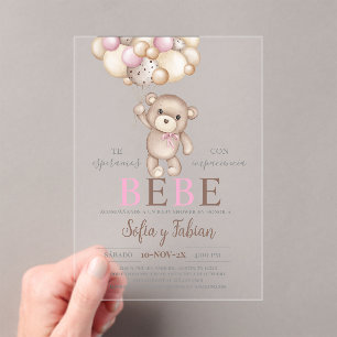 Acrylic Pink Bear Baby Shower Girl Spanish Acrylic Invitations
