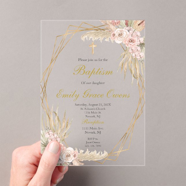 Acrylic pink boho baptism invitations (Insitu (Handheld))
