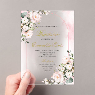 Acrylic pink floral baptism invitations
