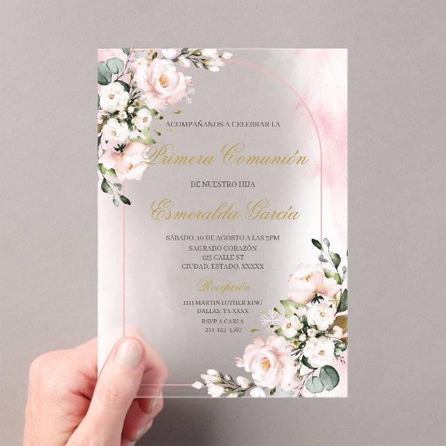 Acrylic pink floral first communion in spanish acrylic invitations (Insitu (Handheld))