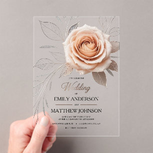Acrylic Pink Rose Dew Drops Wedding Invitation