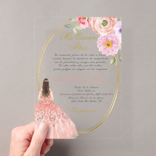 Acrylic pink theme quinceañera invitations