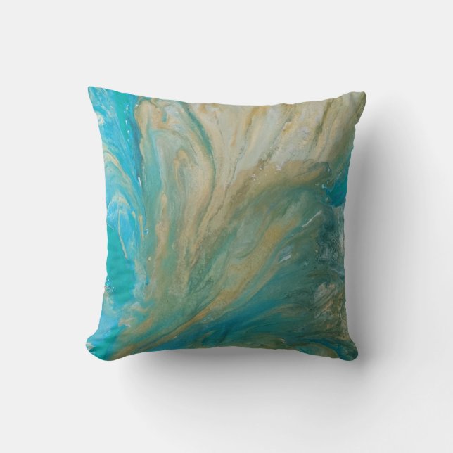Acrylic pour abstract turquoise coastal cushion (Front)