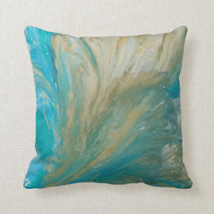 Acrylic pour abstract turquoise coastal cushion