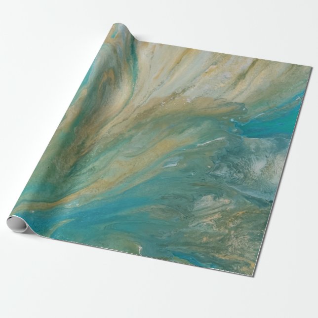 Acrylic pour abstract turquoise coastal wrapping paper (Unrolled)