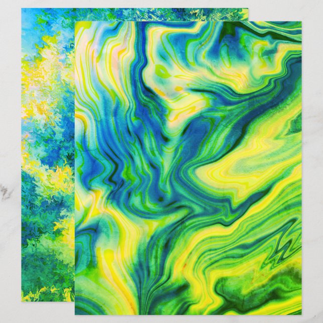 Acrylic Pour, Blue, Green, Yellow /Scrapbook Paper (Front/Back)