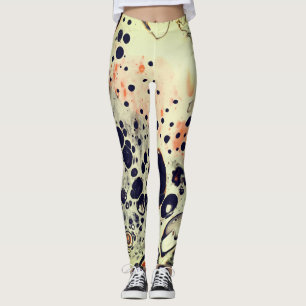 ACRYLIC POUR WHITE ORANGE CELLS ABSTRACT LEGGINGS