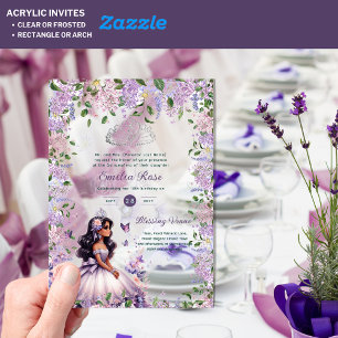 ACRYLIC Purple Silver Quinceañera Floral Wisteria Acrylic Invitations