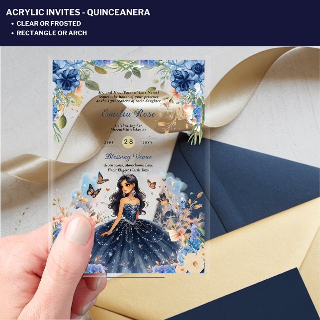 ACRYLIC Quinceanera Blue Floral Dress Quince Acrylic Invitations (Creator Uploaded)