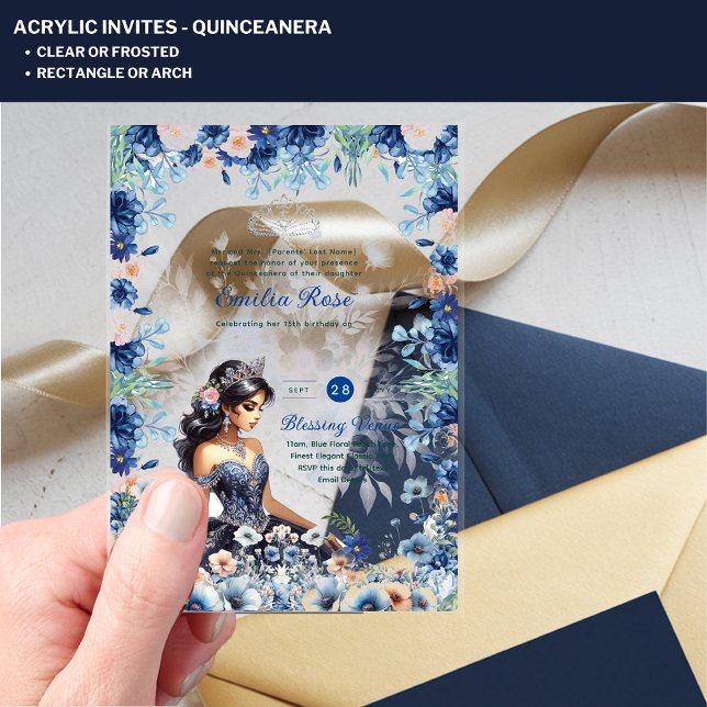 ACRYLIC Quinceanera Blue Floral Dress Quince Acrylic Invitations (Creator Uploaded)