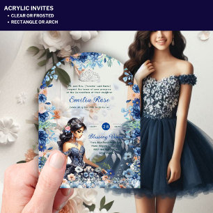 ACRYLIC Quinceanera Blue Floral Dress Quince Invitations