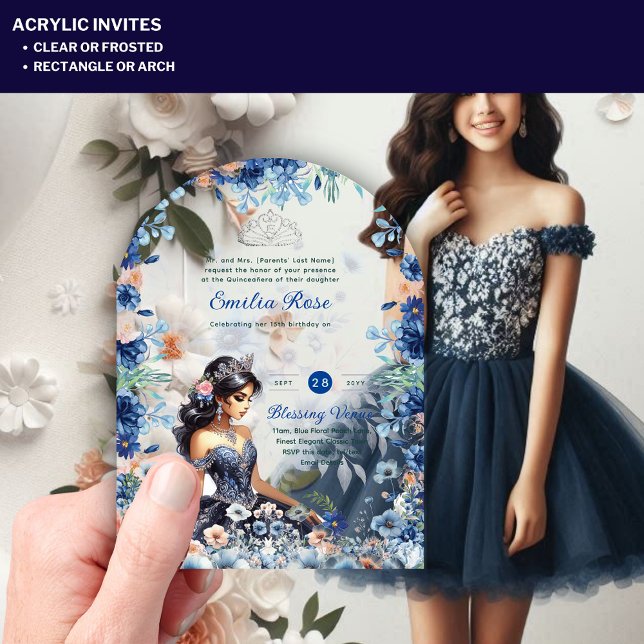ACRYLIC Quinceanera Blue Floral Dress Quince Invitations (Creator Uploaded)