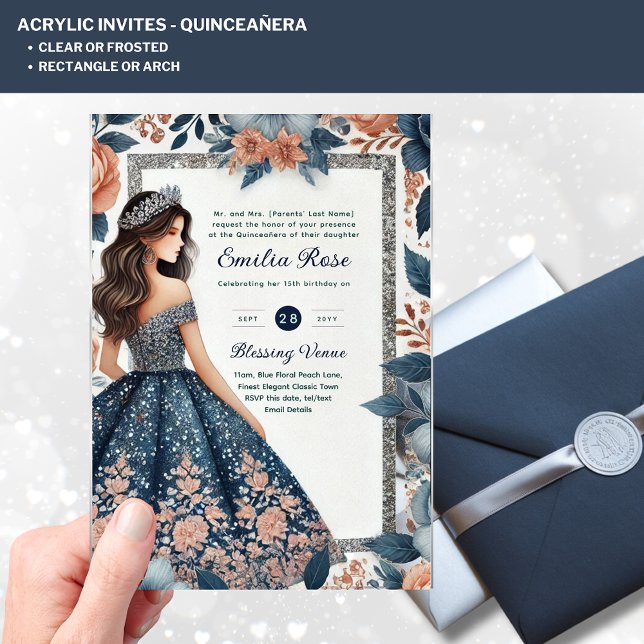 ACRYLIC Quinceañera Blue Silver Peach Dress Floral Invitations (Creator Uploaded)