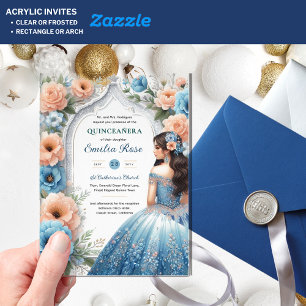 ACRYLIC Quinceañera Blue Silver Peach Dress Floral Invitations