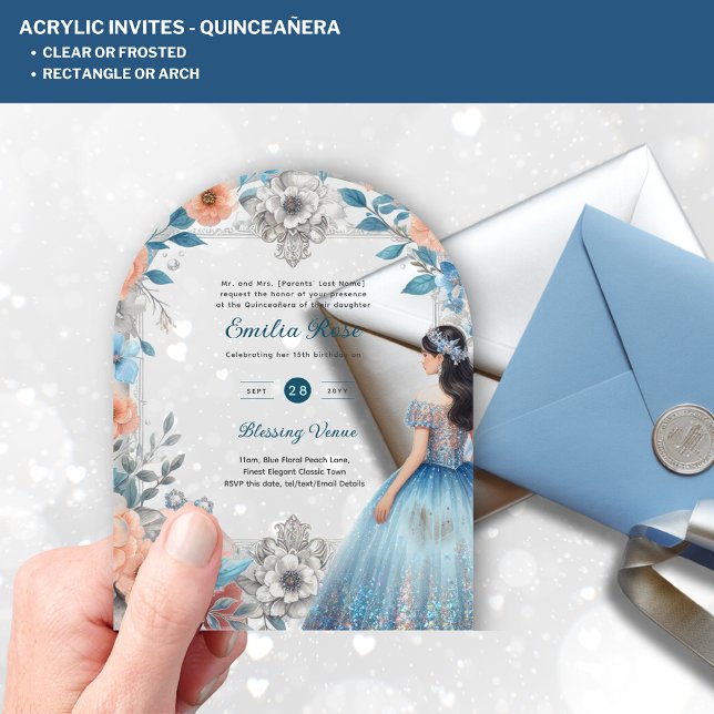 ACRYLIC Quinceañera Blue Silver Peach Dress Floral Invitations (Creator Uploaded)