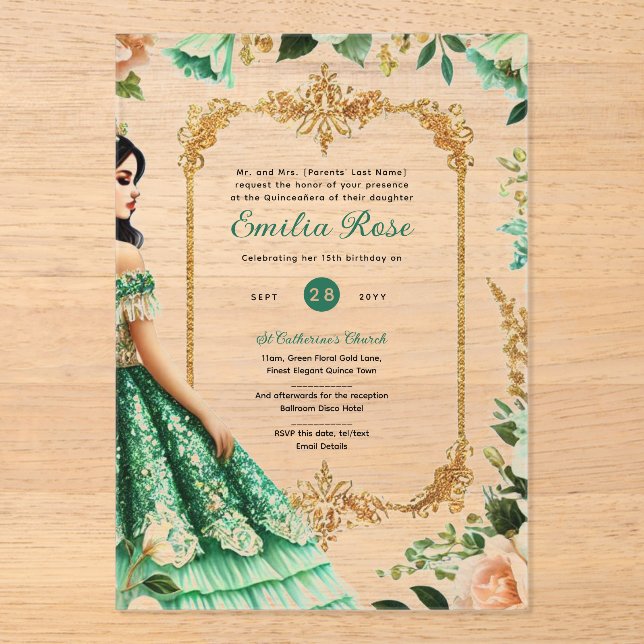 ACRYLIC Quinceañera Emerald GREEN Gold Dress Acrylic Invitations (Front)