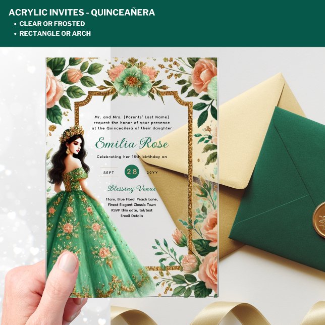 ACRYLIC Quinceañera Emerald GREEN Gold Dress Acrylic Invitations (Creator Uploaded)