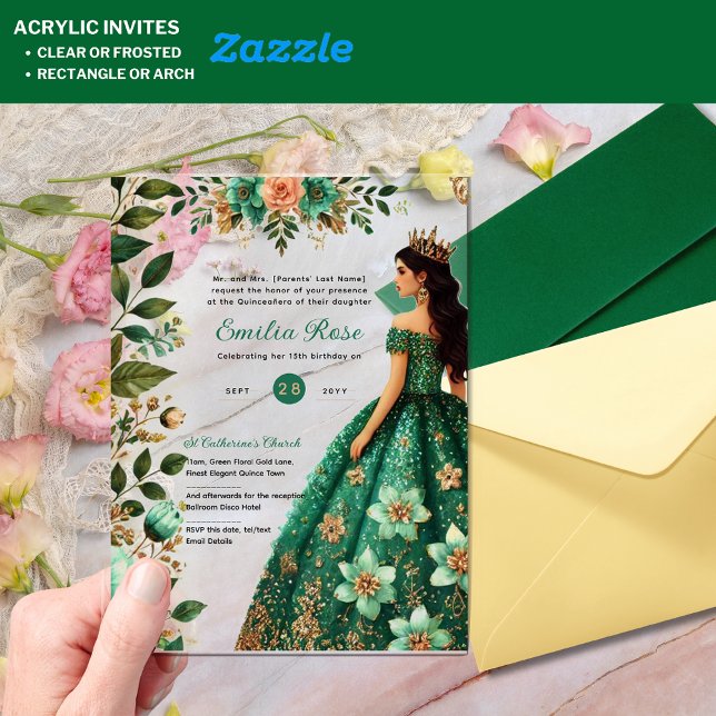 ACRYLIC Quinceañera Emerald GREEN Gold Dress Acrylic Invitations (Creator Uploaded)
