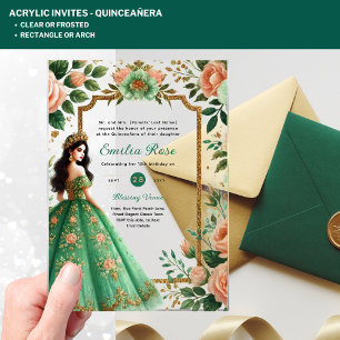 ACRYLIC Quinceañera Emerald GREEN Gold Dress Invitations