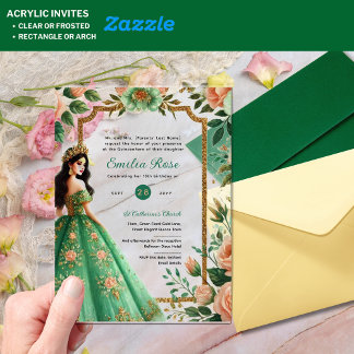 ACRYLIC Quinceañera Emerald GREEN Gold Dress Invitations