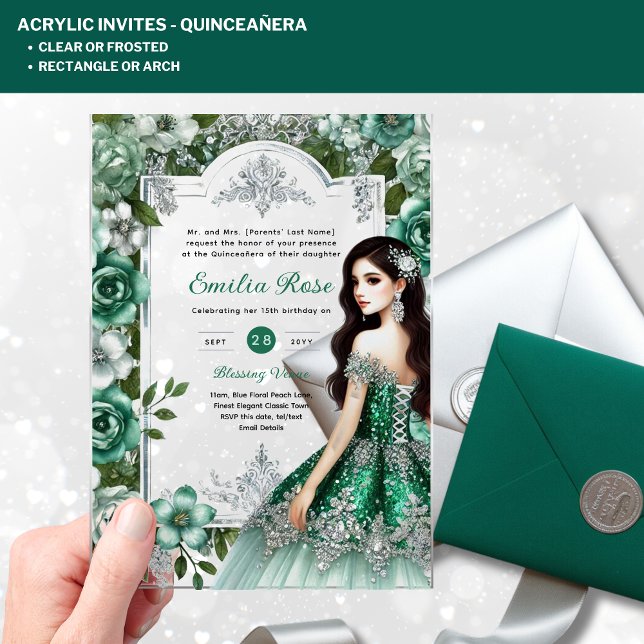 ACRYLIC Quinceañera Emerald GREEN Silver Dress Acrylic Invitations (Creator Uploaded)