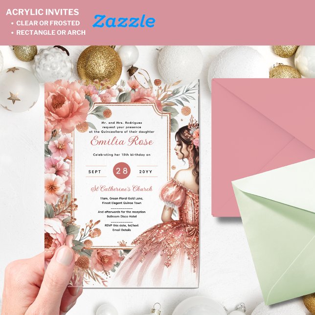 Acrylic Quinceañera Invitation – Dusty Rose Floral (Creator Uploaded)