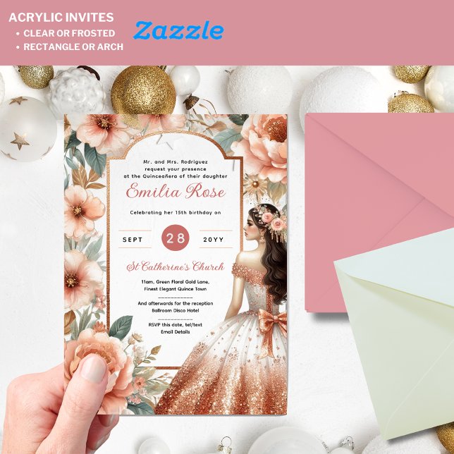 Acrylic Quinceañera Invitation – Dusty Rose Floral (Creator Uploaded)