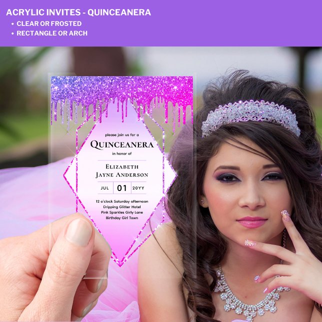 ACRYLIC Quinceanera Purple Dripping Pink Glitter Acrylic Invitations (Creator Uploaded)