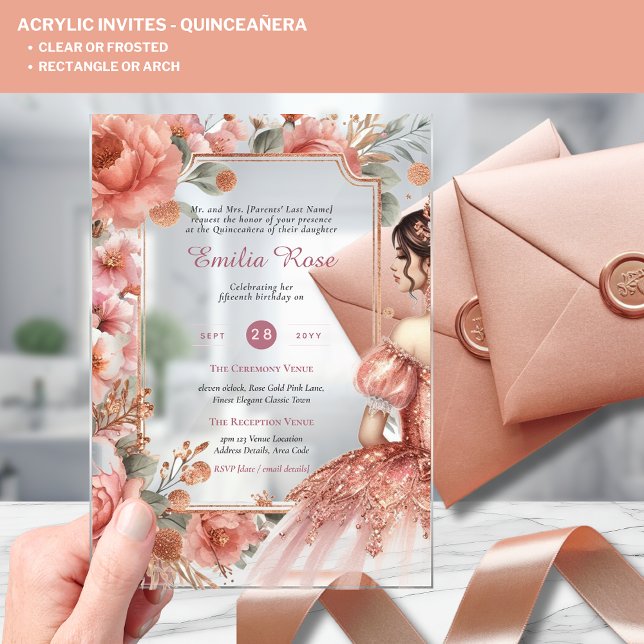 ACRYLIC Quinceanera Rose Gold Pink Dress Tiara Acrylic Invitations (Creator Uploaded)