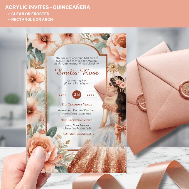 ACRYLIC Quinceanera Rose Gold Pink Dress Tiara Acrylic Invitations (Creator Uploaded)