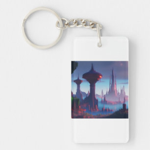 Acrylic rectangle keychain with futuristic city 