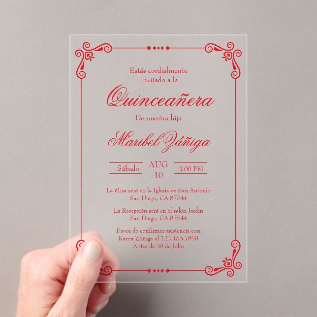 Acrylic red theme quinceañera acrylic invitations (Insitu (Handheld))