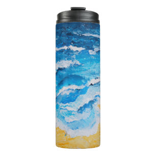 Acrylic sea and beach painting on drawing stand wi thermal tumbler