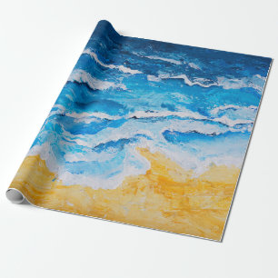Acrylic sea and beach painting on drawing stand wi wrapping paper