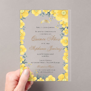Acrylic Spanish Quinceanera yellow floral invit Acrylic Invitations
