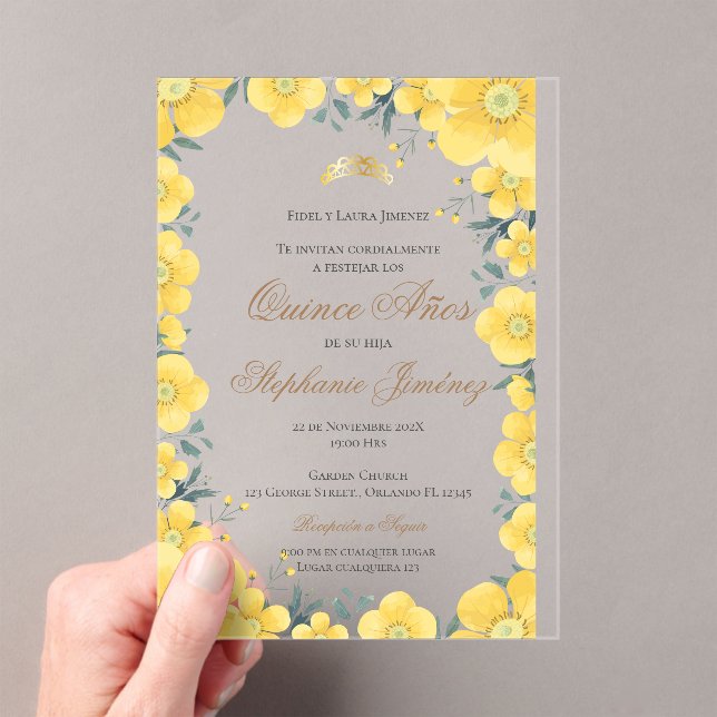 Acrylic Spanish Quinceanera yellow floral invit Acrylic Invitations (Insitu (Handheld))