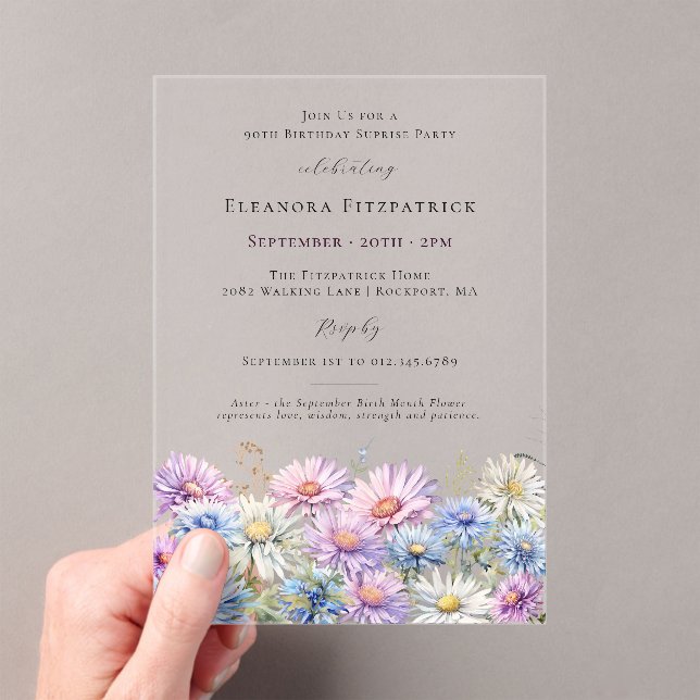 ACRYLIC SURPRISE PARTY 90 September Birth Flower  Acrylic Invitations (Insitu (Handheld))
