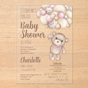 Acrylic Teddy Bear Baby Shower Girl Spanish Acrylic Invitations
