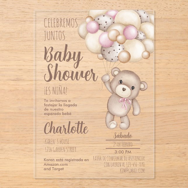 Acrylic Teddy Bear Baby Shower Girl Spanish Acrylic Invitations (Front)