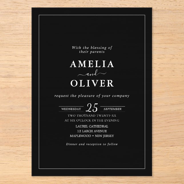 Acrylic Timeless Elegant Black & White Minimalist  Invitations (Front)