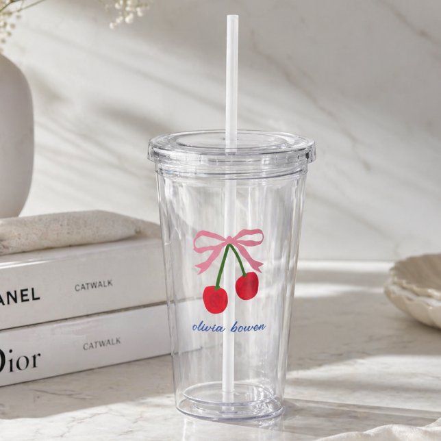 Acrylic Tumbler | Cherry Coquette Bow Cute (A cute custom design tumbler with coquette bow and cherries, perfect for gifting or everyday use)