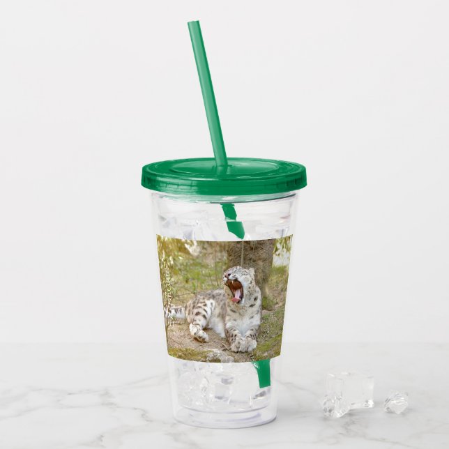 acrylic tumbler snow leopard cat and monogram. (Front Ice)