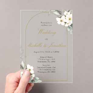 Acrylic water coloured white floral wedding invitations