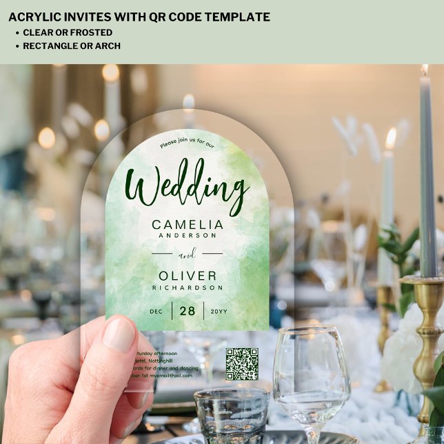 ACRYLIC WEDDING Artsy Green QR Code RSVP Website Invitations (Creator Uploaded)