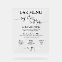 Acrylic Wedding Bar Menu Sign