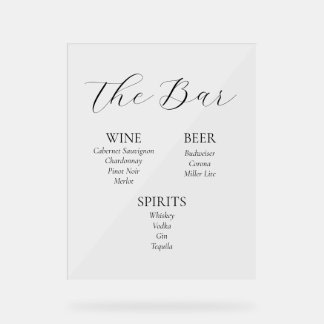 Acrylic Wedding Bar Menu Sign