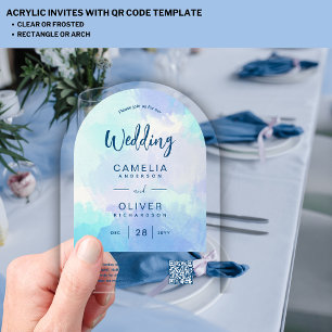 ACRYLIC WEDDING Beachy Sjy BLUE Green QR Code RSVP Acrylic Invitations