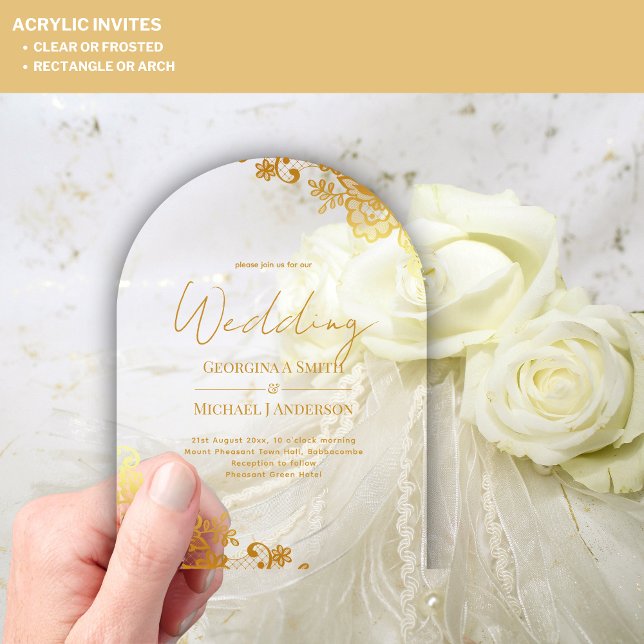 ACRYLIC Wedding Gold Lace Text Elegant Clear Invitations (Creator Uploaded)