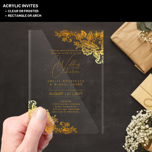 ACRYLIC Wedding Invites Gold Lace Text Elegant Invitations